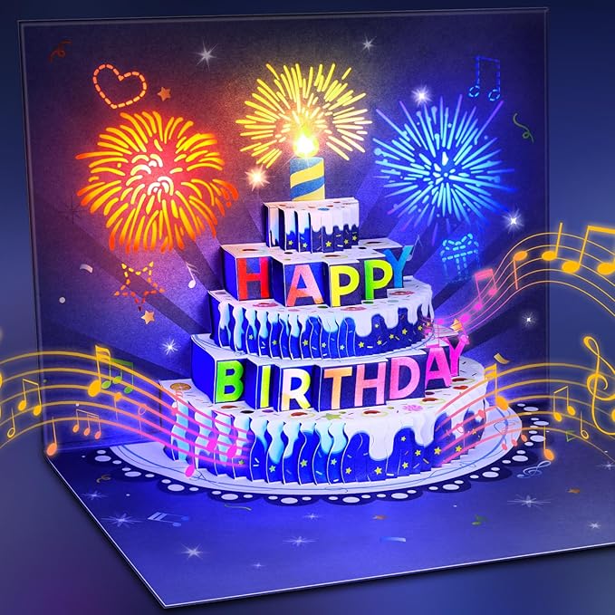 Birthday Cards Fireworks Pop Up Cake Light and Music Happy Birthday Card Gift for Women, Men, Mom, Grandma