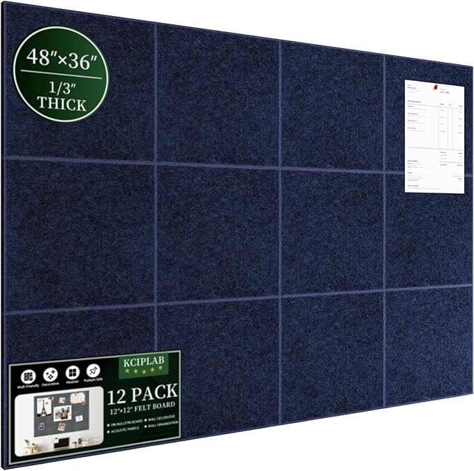 Large Cork Bulletin Board for Wall 48"x36", 12 Pack Felt Wall Tiles with 80 Pushpins, 60 Safe Removable Adhesive Tabs, Decorative Pin Board Tack Board for Office Home School, Dark Blue