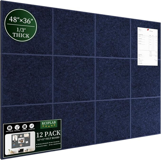 Large Cork Bulletin Board for Wall 48"x36", 12 Pack Felt Wall Tiles with 80 Pushpins, 60 Safe Removable Adhesive Tabs, Decorative Pin Board Tack Board for Office Home School, Dark Blue