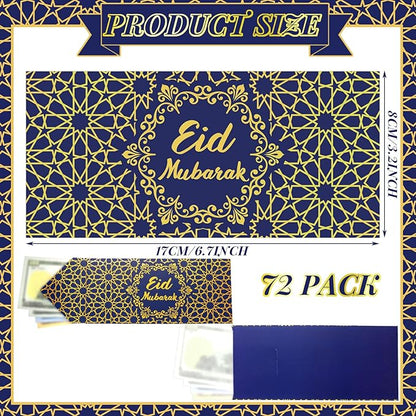 Sinmoe 72 Pcs Eid Al Adha Money Envelopes Bulk 6.7 x 3.2 inch Gold Foil Cash Gift Card Ramadan Lucky Cash Envelope Cash Set for Eid Holiday Currency Celebration Decorations (Blue)