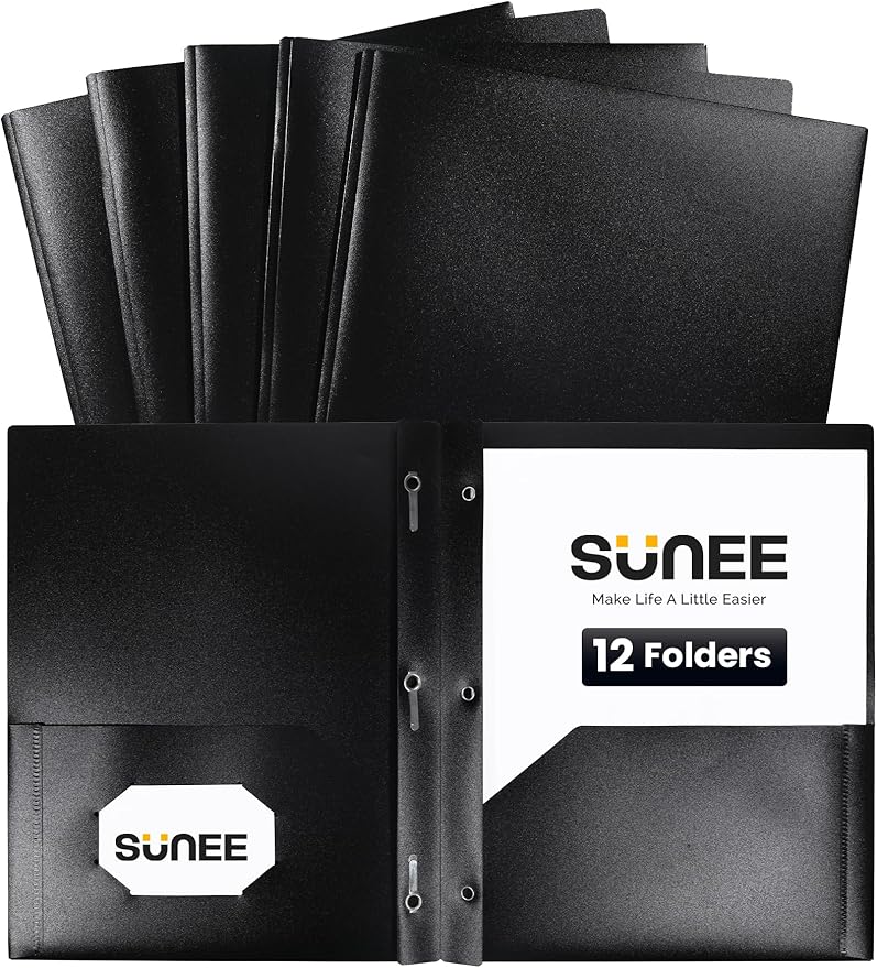 SUNEE 12-Pack Black Plastic Folders with Pockets and Prongs, Letter Size, 9 x 11.5 in