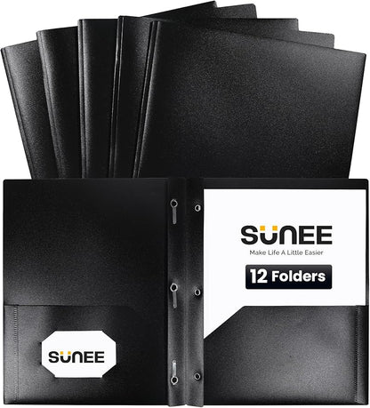 SUNEE 12-Pack Black Plastic Folders with Pockets and Prongs, Letter Size, 9 x 11.5 in