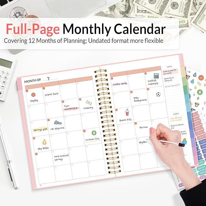 SUNEE Budget Planner - Monthly Budget Book with Expense Tracker Notebook, Undated 12 Month Bill Organizer & Finance Planner to Manage Your Money, A5(6.4" x 8.3") Account Book with Colorful Tab, Pink