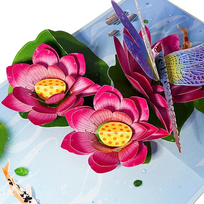 Dragonfly and Lotus Pop Up Card, Greeting Card for Various Occasions, Modern Floral Design, Perfect for Birthdays, Weddings, Get Well, Thinking of You, Mother's Day