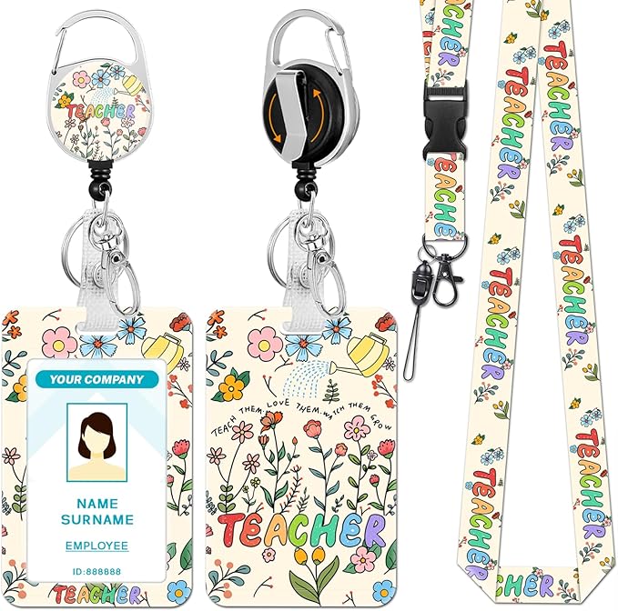 Teacher Lanyards for Id Badges, Cute Flower Floral Badge Holder with Retractable Reel Clip, Adjustable Work Name Tags Keychain Lanyard ID Card Protector Cover Case for Women Nurse Office