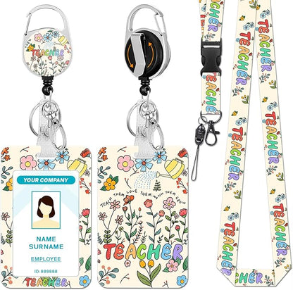 Teacher Lanyards for Id Badges, Cute Flower Floral Badge Holder with Retractable Reel Clip, Adjustable Work Name Tags Keychain Lanyard ID Card Protector Cover Case for Women Nurse Office