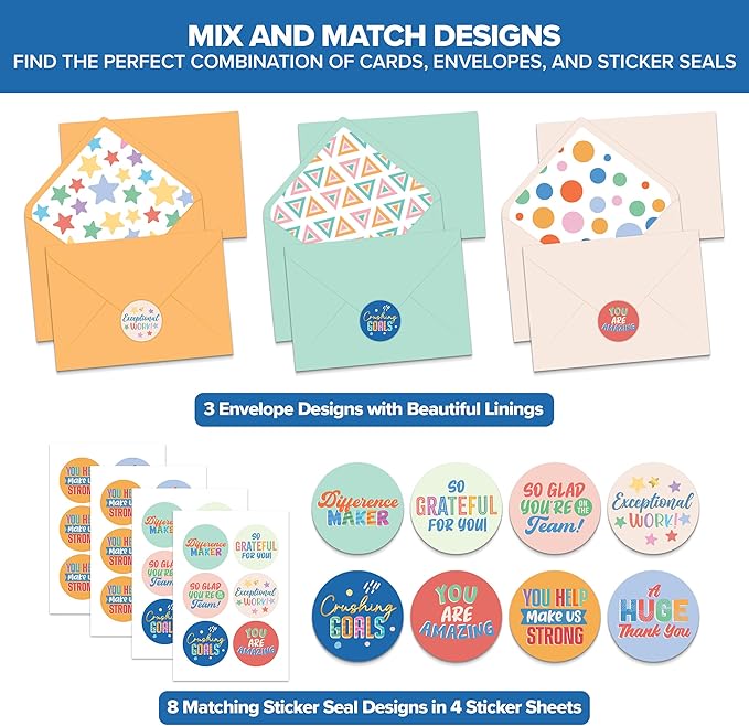 Decorably 24 Pack Gold-Foiled 6x4in Employee Appreciation Cards with Envelopes and Stickers, 8 Festive Designs Employee Thank You Cards, Blank Inside - Office Party