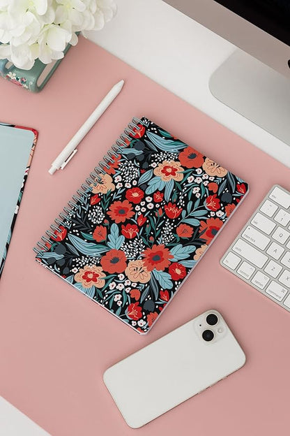 Steel Mill & Co Cute Red/Blue Mini Spiral Notebook, 8.25" x 6.25" Journal with Durable Hardcover and 160 Lined Pages, Folk Floral