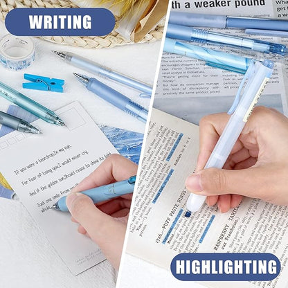 Four Candies 12Pack Pastel Gel Ink Pen Set, 11 Pack Black Ink Pens with 1Pack Highlighter for Writing, Retractable 0.5mm Fine Point Cute Note Taking Pens for School Office (Blue)