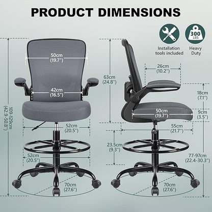 FelixKing Drafting Chair Ergonomic Tall Office Chair, Breathable Mesh Chair with Adjustable Footrest Ring Lumbar Support Flip-up Armrests, High Back Executive Comfy Task Computer Chair for Home Office