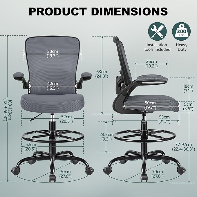 FelixKing Drafting Chair Ergonomic Tall Office Chair, Breathable Mesh Chair with Adjustable Footrest Ring Lumbar Support Flip-up Armrests, High Back Executive Comfy Task Computer Chair for Home Office