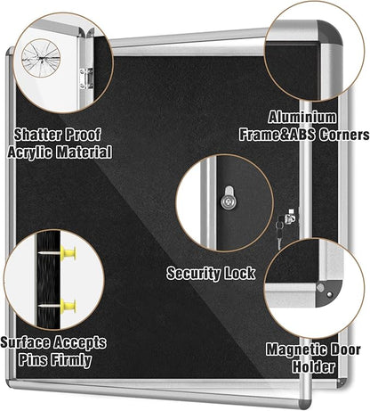 38"x38" Enclosed Bulletin Board, Lockable Weather-Resistant Aluminum Cork Noticeboard for School & Office, Silver Frame w/Black Flet