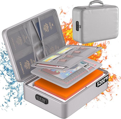 DocSafe 5200°F Document Organizer with Lock,Upgraded Heat Insulated Fireproof＆Waterproof Box 8 Layers File Organizer,Portable Home Travel Safe Storage for Important Documents, Files,Silver (Soft)