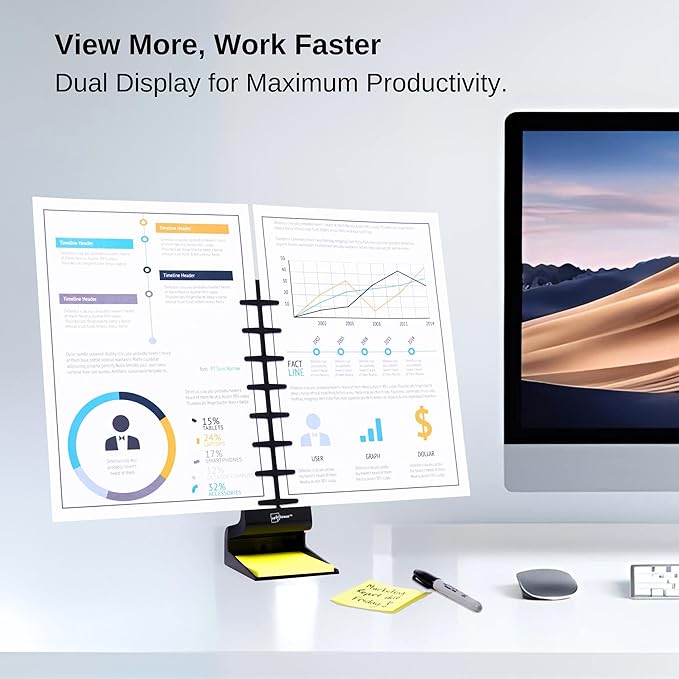 Note Tower Desktop Pro Dual Document Holder for Typing | Compact 2 Page Paper Holder Stand for Desk | Document Stand Holds Copy Paper, Photos & Post Notes | Dispenser includes 3x3 Sticky Notes | Black