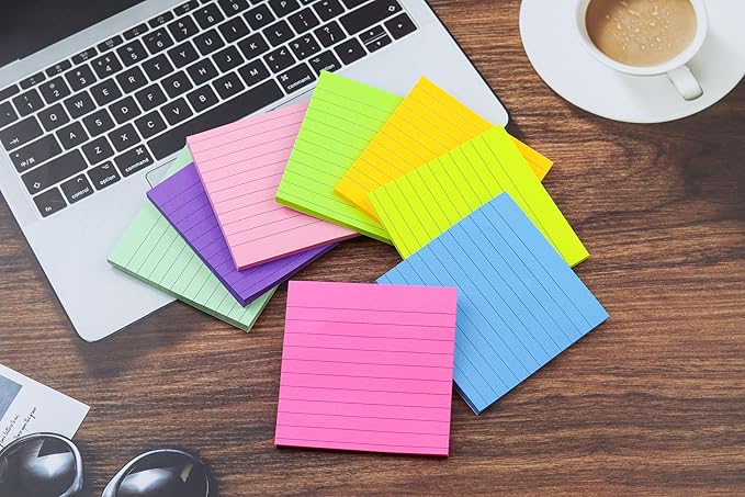 8 Pads Lined Sticky Notes 4x4 in Post, 8 Colors Self Sticky Notes Pad Its, Bright Stickies Colorful Big Square Sticky Notes for Office, Home, School, Meeting, 50 Sheets/Pad