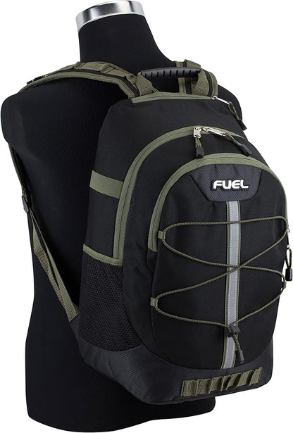 FUEL Hiking Backpack for Women Men Terra Sport, Travel, College, Gym, Work with Laptop Sleeve, Bungee, 18 Inches, Black