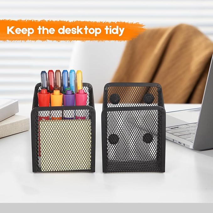 Magnetic Pencil Holder - Extra Strong Magnets Mesh Marker Holder Perfect for Whiteboard, Refrigerator and Locker Accessories (1 Basket, 2 Packs Black)