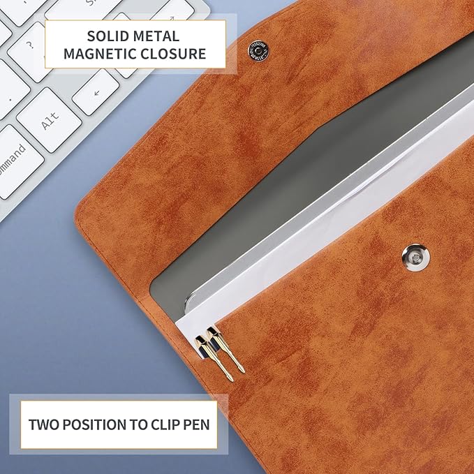 Toplive Document File Folder, Waterproof Thin PU Leather A4 Envelope Folder File Document Organizer Storage Case, Filing Envelope Folder with Magnetic Closure, Ash Brown