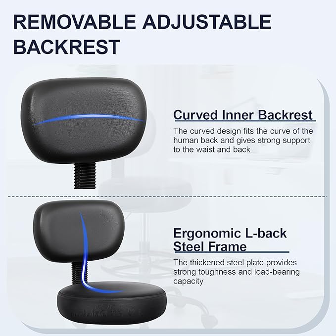 Drafting Chair with Backrest – Adjustable Foot Rest Rolling Stool with Wheels, PU Leather Swivel Stool for Office Spa Studio Lab Counter Salon Home Work Bar Kitchen Shop(Black)