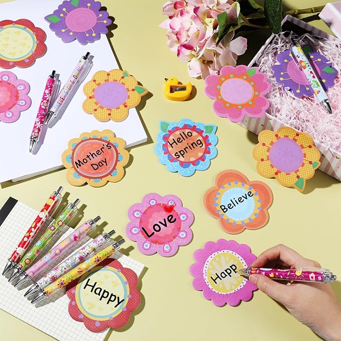 Geyee 40 Pcs Flower Theme Sticky Notes and Pens Set, Floral Memo Pads Colorful Flower Ballpoint Pens Foral Party Gift Supplies for Student Classroom School Theme Birthday Party Gift Favors