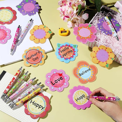 Geyee 80 Pcs Flower Theme Sticky Notes and Pens Set, Floral Memo Pads Colorful Flower Ballpoint Pens Foral Party Gift Supplies for Student Classroom School Theme Birthday Party Gift Favors