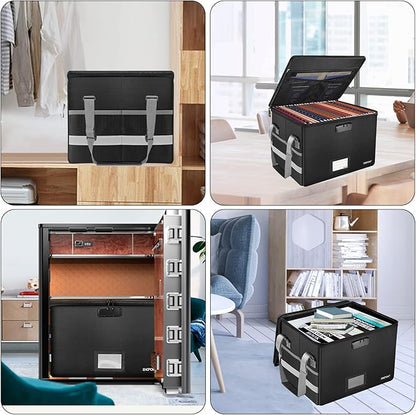ENGPOW File Box with Lock,Fireproof Document Box with Zipper＆Pockets,Collapsible File Organizer Filing Storage Cabinet with Handle,Portable Home Office Safe for Hanging Letter/Legal Folder,Black