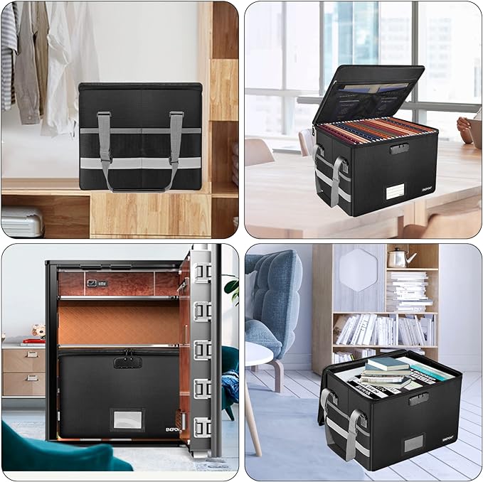 ENGPOW File Box with Lock, Fireproof Document Box with Inserts,Collapsible File Storage Organizer Box Filing Box with Handle,Portable Home Office Safe Box for Hanging Letter/Legal Folder,2 Pack