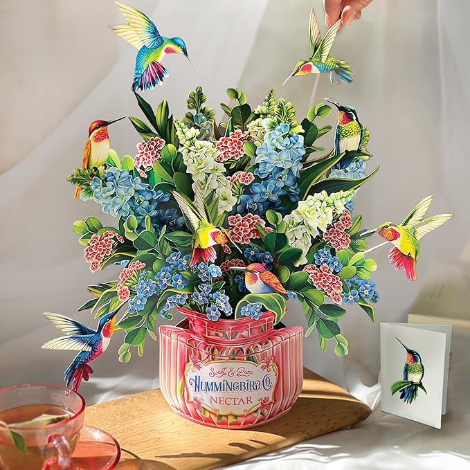 Freshcut Paper Pop Up Cards, Hummingbird Oasis, 12 Inch Life Sized Forever Flower Bouquet 3D Popup Greeting Card, Birthday Cards, Thank You Card, Blank Notecard & Envelope