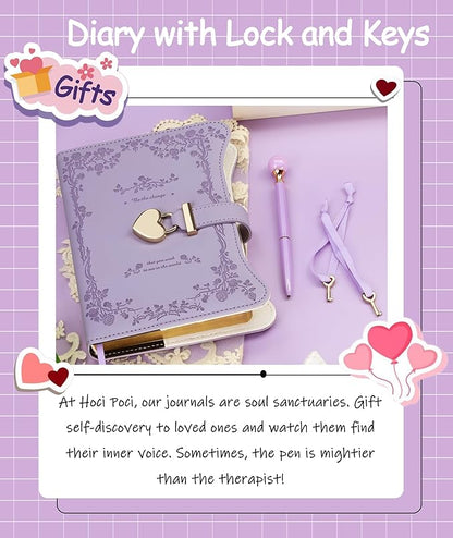 Diary with Lock and Keys for Girls Gift Ideas, 360 Gold Edged Pages Journal for Women, B6 Refillable Notebook for Writing with Pen and Bookmark (Garden Purple)