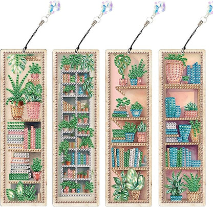 4 Pieces Diamond Painting Bookmarks for Adults Plant Bookshelf Design 5D Rhinestone Art Bookmark Kits Beautiful DIY Diamond Art Bookmarks with Tassels Crafts Gifts Supplies