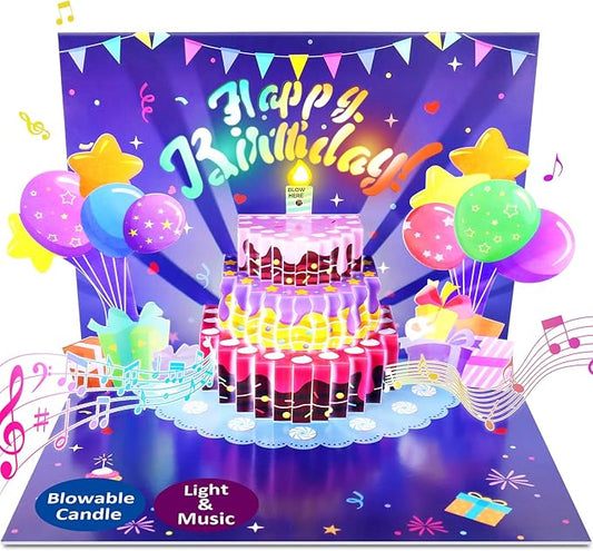 Birthday Cards, Musical Pop Up Birthday Cards with Light, Blow Out LED Light Candle and Play Happy Birthday Music Pop Up Card, Birthday Gifts for Women Men Husband Wife Kids Greeting Cards