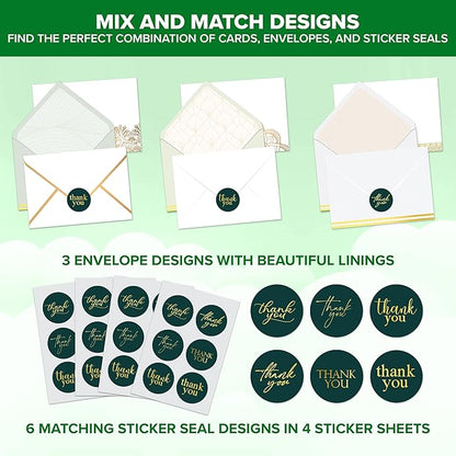 Decorably 24 Gold-Foiled Pack 6x4in Thank You Cards Green with Envelopes and Stickers, 6 Elegant Designs Thank You Cards with Envelopes Green, Blank Inside - Wedding, Holidays