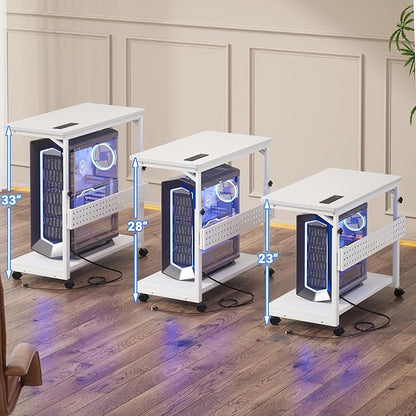 Computer Tower Stand with Power Strips, Height Adjustable PC Tower Stand/Cart with Wheels, Mobile Rolling CPU Holder, Computer Cart Side Stand for Computer Desk, 32", Carbon Fiber White