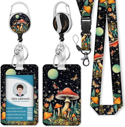 Lanyards for Id Badges, Cute Badge Holder with Retractable Reel Clip, Mushroom Work Name Tag Breakaway Lanyard Vertical ID Card Protector Case for Women Nurse Nursing Doctor Teacher Student