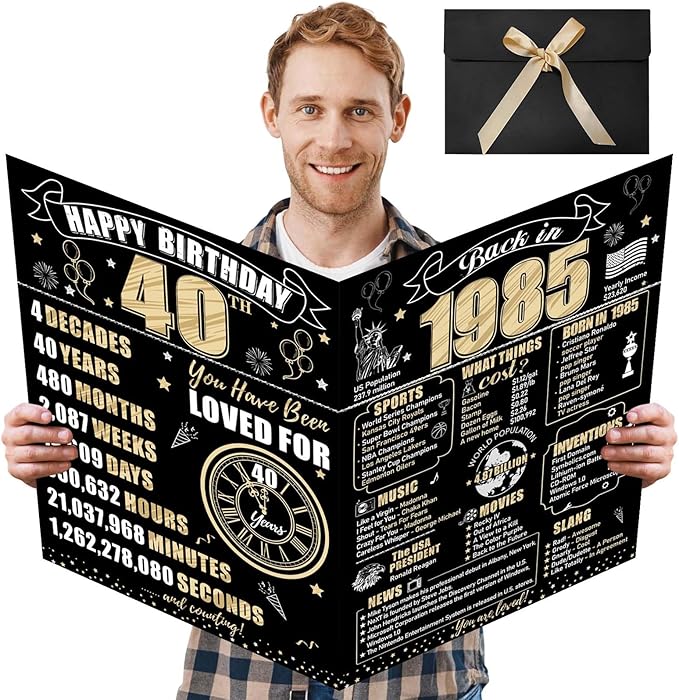 Large 40th Birthday Card With Envelope for Men Women, 1985 Black Gold Happy 40th Birthday Giant Guest Signature Book Gifts, Big Vintage 1985 40th Greeting Card Decoration Party Supplies