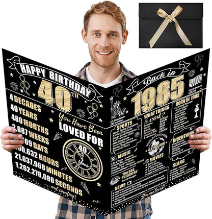 Large 40th Birthday Card With Envelope for Men Women, 1985 Black Gold Happy 40th Birthday Giant Guest Signature Book Gifts, Big Vintage 1985 40th Greeting Card Decoration Party Supplies