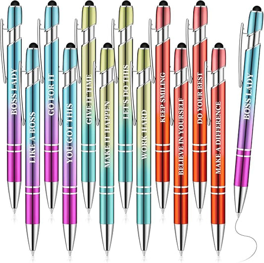 Zonon 12 Pieces Inspirational Pens Bulk Easter Basket Stuffers Motivational Quotes Ballpoint Pens with Stylus Tip Inspirational Gifts for School Office Teachers(Plating Color,Motivational Style)