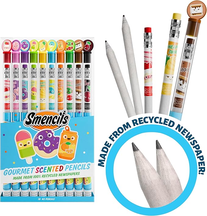 Smencils - Patented Gourmet Scented Graphite HB #2 Pencils Made from Recycled Newspapers, 10 Count, Gifts for Kids, School Supplies