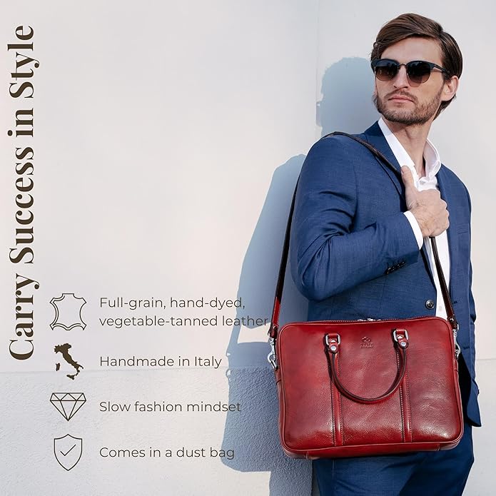 Time Resistance Leather Briefcase - Italian Full Grain Leather Bag - Genuine Leather Laptop Bag - Briefcase for Men and Women