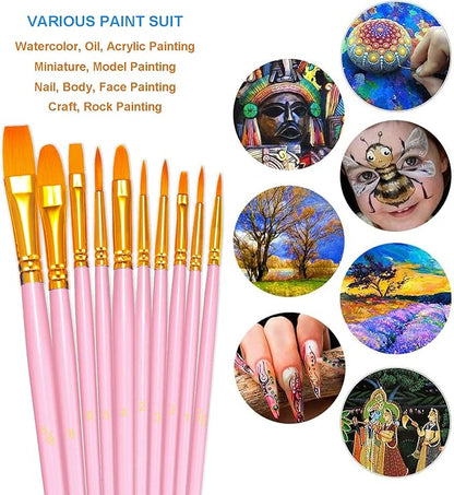 BOSOBO Paint Brushes Set, 10 Pieces Round Pointed Tip Paintbrushes Nylon Hair Artist Acrylic Paint Brushes for Acrylic Oil Watercolor, Face Nail Body Art, Miniature Detailing & Rock Painting, Pink