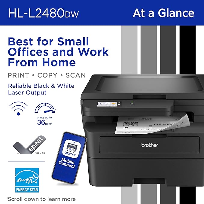 Brother HL-L2480DW Wireless Compact Mobile Monochrome Multi-Function Laser Printer with Copy, Scan, Duplex, Black & White Output | Includes Refresh Subscription Trial(1), (Renewed Premium)