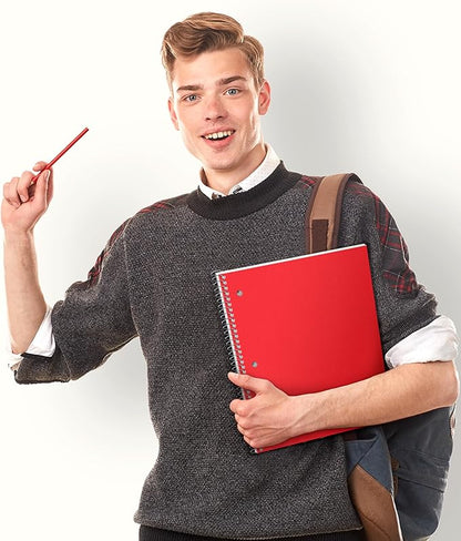 Dunwell 3 Subject Notebook College Ruled (Red), 150 Sheets (300 Pages), Spiral Notebook 8.5 x 11, Plastic Cover, 3 Pocket Divider Folders, 3-Hole Punched Perforated Paper