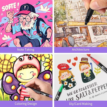 Double Brush Marker Pens, 100 Colors Art Markers Set with Fine Tip and Brush Tip for Kids Adult Coloring Book Hand Lettering Calligraphy Drawing Art Supplies Kit