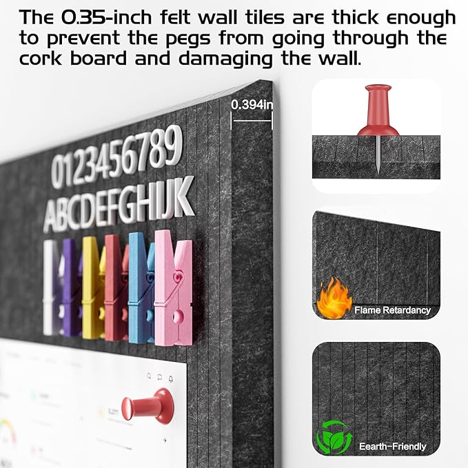 Large Cork Board Alternative 48"x36" Cork Board Felt Wall Tiles 12 Packs Bulletin Board Safe Removable No Damage for Walls Office School Tack Board Felt Letter Board Pin Board with Numbers & Pushpins