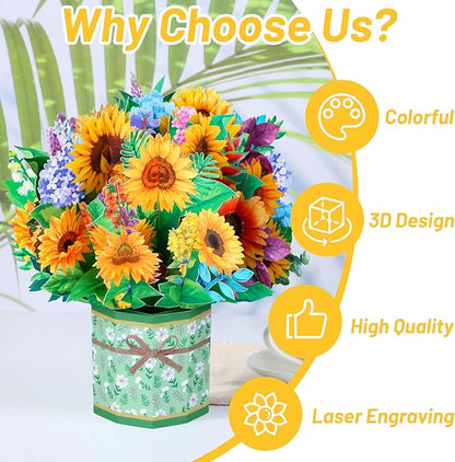 Get Well Soon Pop Up Cards, 3D Paper Flowers Bouquet Greeting Cards Sunflower Birthday Popup Cards Congratulations Gifts for Women Boss Best Friends Mother Parents Birthday Anniversary