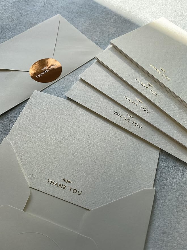 (36 Pack) RUN2PRINT Thank You Cards With Envelopes & Gift of 36 Foiled Stickers - Elegant Emboss Rose Gold Foil Pressed Blank Notes Wedding All Occasion Cards (Ivory)