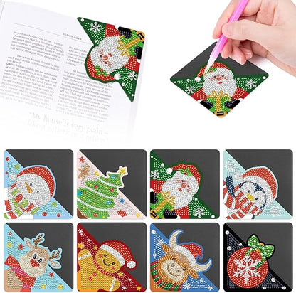 Anseal 8 Pcs Christmas Diamond Art Painting Bookmark, Rhinestone Crystal Corner Bookmarks for Book Lovers, Triangle Embroidery Painting Arts Crafts Book Mark for Kids