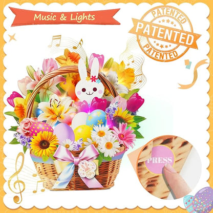 3D Pop Up Easter Flower Basket Card with Music & Lights – Bunny, Eggs, Lily, Tulip, Daisy Bouquet – Envelope Included – Easter Gift & Decoration