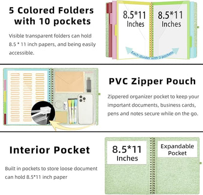 Ospelelf Green Foldable Spiral Clipboard Folio with Storage Zipper Pouch, 5 Plastic Folders with 10 Pockets, Refillable Lined Notepad (11" x 8.5"), Linen Hardcover Project Organizer