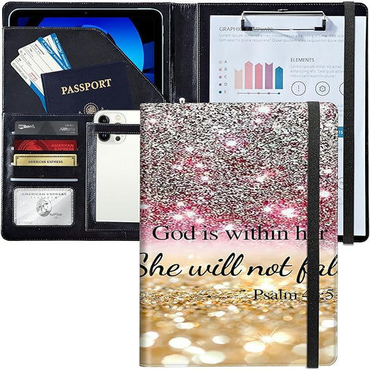 PU Leather Padfolio Folder Clipboard Portfolios Organizer Conference Document Organizer with Business Card Holder Storage Clipboard Writing Pad,Christian Bible Psalm 46-5
